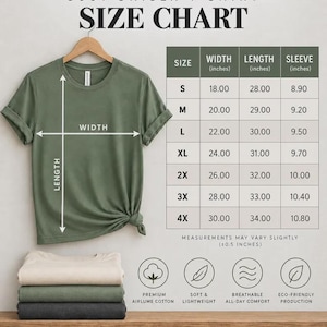 May include: A Bella+Canvas 3001 unisex t-shirt size chart featuring a sage green t-shirt with width and length measurement arrows. A table lists sizes S through 4X with corresponding width, length, and sleeve measurements in inches.