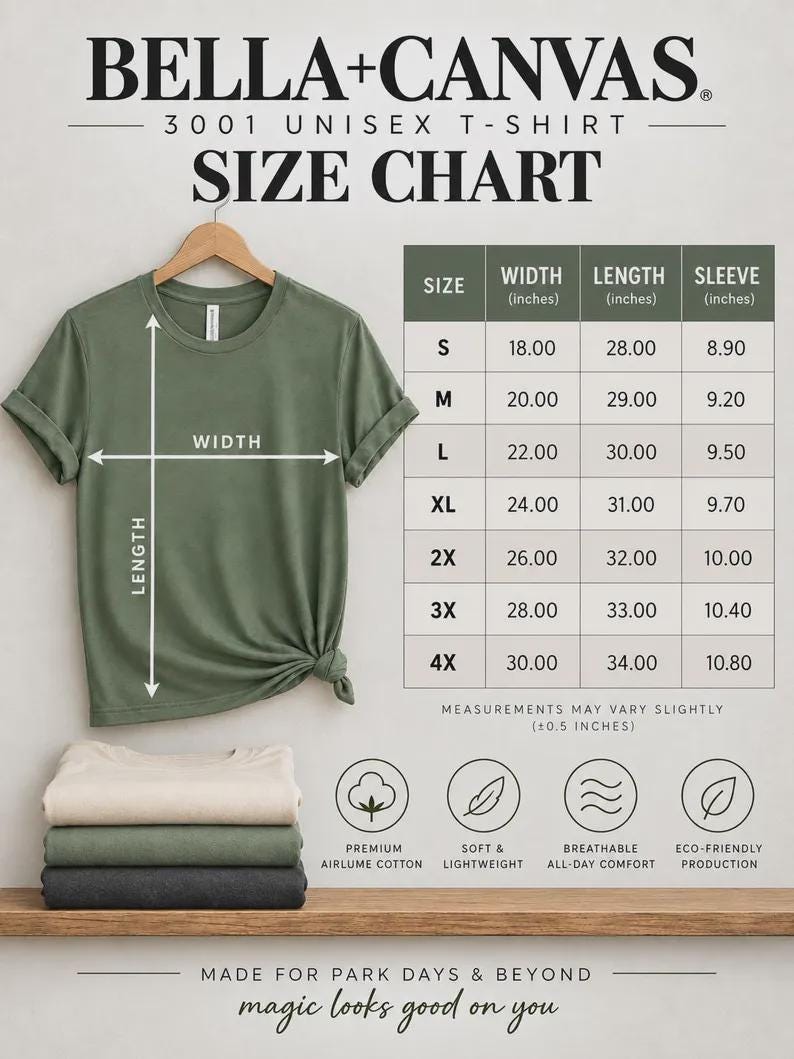 May include: A Bella+Canvas 3001 unisex t-shirt size chart featuring a sage green t-shirt with width and length measurement arrows. A table lists sizes S through 4X with corresponding width, length, and sleeve measurements in inches.