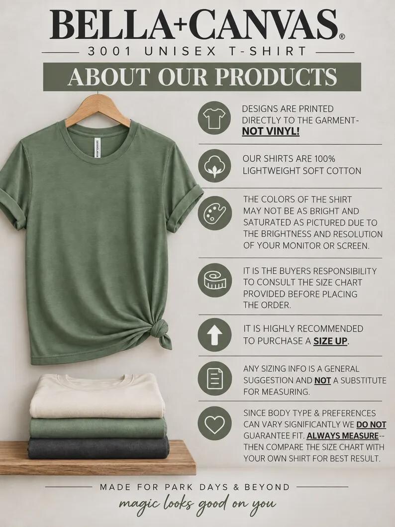 May include: A sage green t-shirt hanging on a wooden hanger with a side knot, displayed above a stack of three folded t-shirts in cream, sage green, and charcoal. The image includes text detailing product information, sizing, and care instructions.