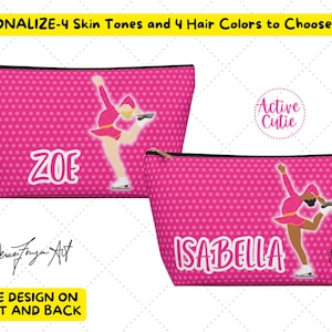 Personalized Figure Skater Accessory Makeup Bag, Figure Skater Pink Cosmetic Bag, Ice Skater Bag, Figure Skater Gift, Skater, Active Cutie