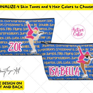Personalized Figure Skater Accessory Makeup Bag, Figure Skater Blue Cosmetic Bag, Ice Skater Bag, Figure Skater Gift, Skater, Active Cutie