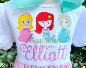 CUSTOM PRINCESS DRESS Pick Your Own Princess Embroidery Girl Toddler Monogram, Personalized Birthday, Magical, Cinderella, Vacation