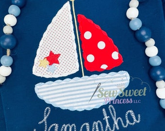 Girls Summer SAILBOAT Shirt - Sailboat Applique, Coastal, Beach, Vacation, Navy, Patriotic, 4th of July, Sailing Monogram