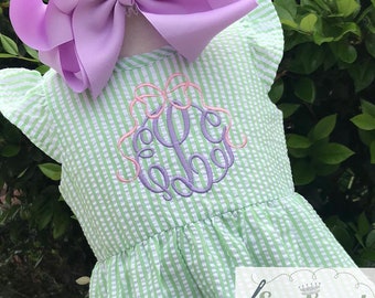 SEERSUCKER MONOGRAM DRESS Easter, School, Preschool, Summer, Beach, Vacation, Birthday, Wedding, Flower Girl, Recital, Baptism