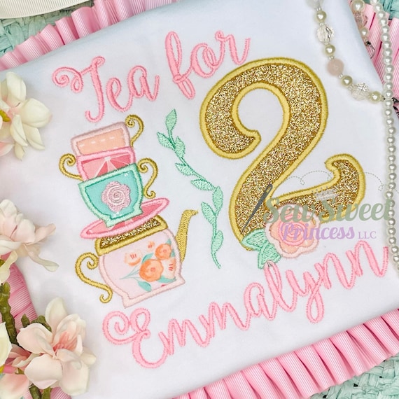 TEA FOR TWO Birthday Personalized Boutique Applique Shirt, Tea for Three, Tea Party Tshirt, Teapot, 2nd Birthday, Girls Birthday Shirt
