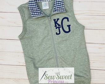 BOYS MONOGRAM NAVY Blue Gingham Vest, Lightweight Jacket, Vacation, Fall, Back-to-School, Christmas, Valentines