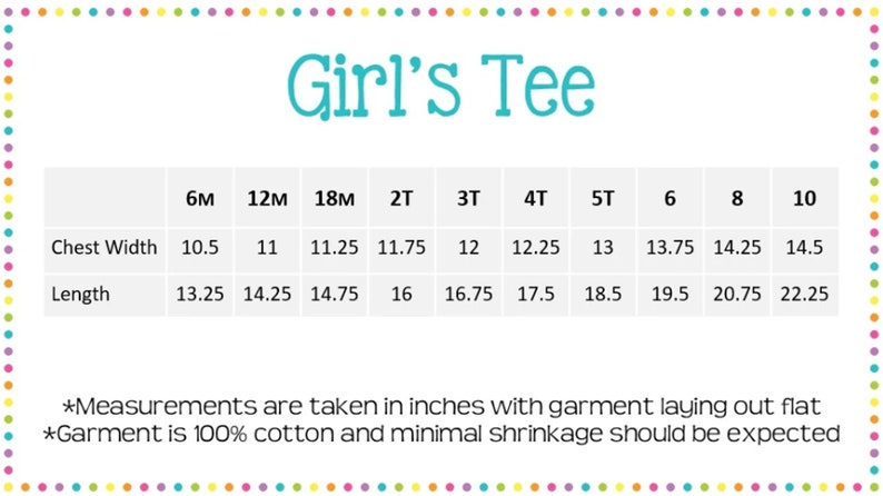 Op de afbeelding: Een tabel met de borstbreedte- en lengtemaat in inches voor een meisjes T-shirt, in de maten 6 maanden tot 10 jaar.