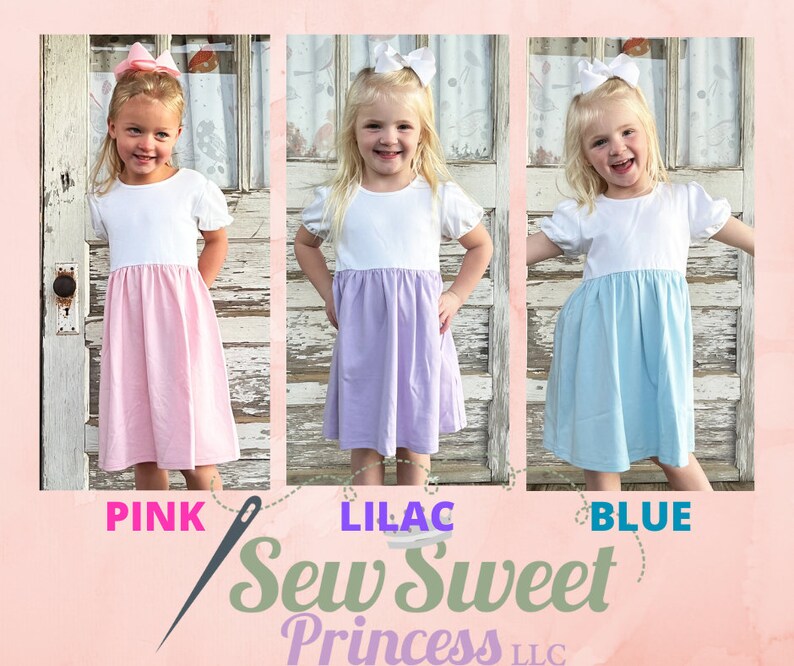 May include: Three girls wearing white-top dresses with different colored skirts: pink, lilac, and blue. Each girl has a matching bow in her hair. The text "PINK", "LILAC", and "BLUE" are below each girl. The text "Sew Sweet Princess LLC" is also visible.