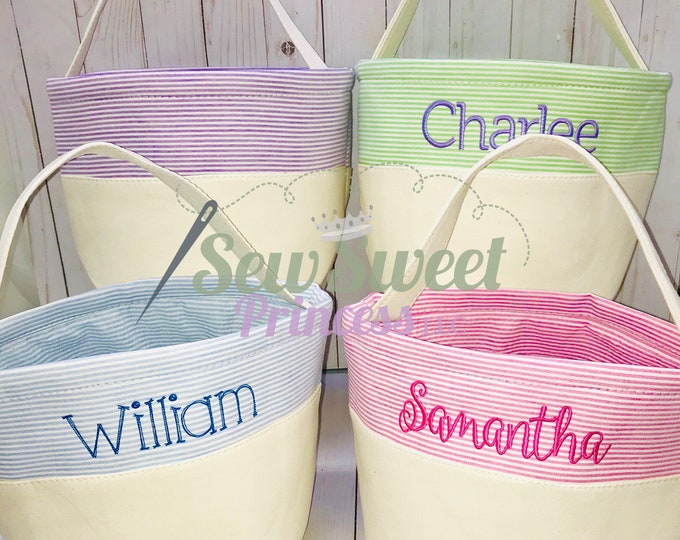 Seersucker Easter Basket Bucket Tote Bag - Medium, Personalized With Monogram (Blue) - View #9