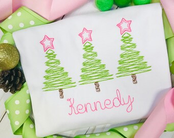 Girls CHRISTMAS Personalized Tee, Monogram Christmas Tree Shirt, Embroidery, Preppy Girl Christmas