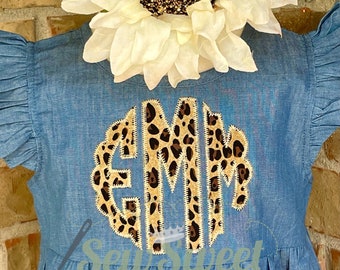 Monogram Cheetah Leopard Baby Toddler Girl Denim Chambray Bubble Romper - 4th of July, Vacation, Birthday, Animal, Zoo, Safari