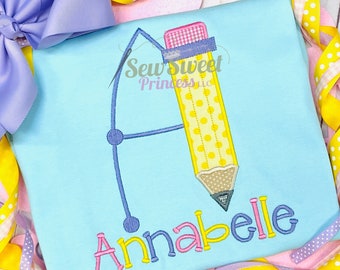 Girls Appliqué Monogram Personalized First Day of School, Back-to-School Shirt - Pencil - Kindergarten - Preschool - 1st Day - Monogram
