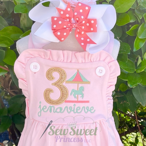 PINK BIRTHDAY SUNSUIT Bubble Romper - Carousel, Horse, Carnival, Circus, Fair, Spring, Vacation, Summer, Beach 9m, 12m, 18m, 2T, 3T