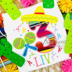 FIESTA Personalized Birthday Applique Shirt - Boy Girl Birthday Party, Cinco de Mayo,  Uno, Taco Twosday, THREE-ESTA, Sombrero, Maracas
