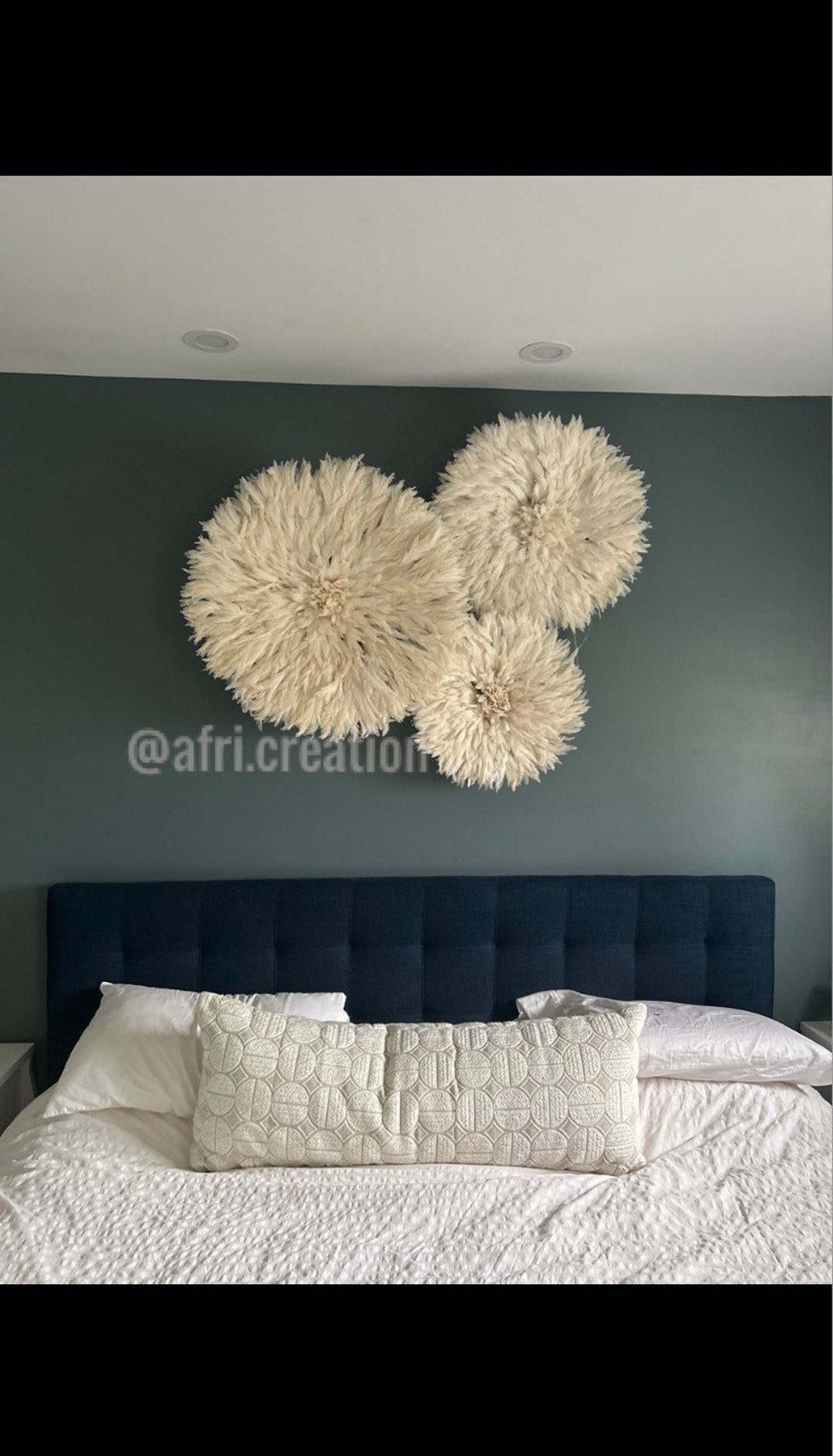 White Juju Hat Set, Ivory Feather Wall Decor Above Bed Boho Style