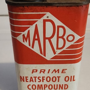 Vintage Collectible MARBO Prime Neatsfoot Oil Compound Metal Can-Saddles-Leather. Nearly empty