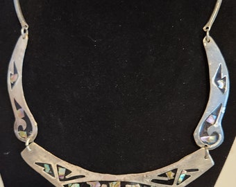 Vintage Mexican Alpaca Silver Abalone Shell Inlay 16” Curved  display picture 2