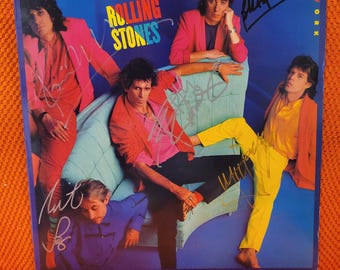 LP firmado de los Rolling Stones "Dirty Works", 5 miembros autógrafos, vintage
