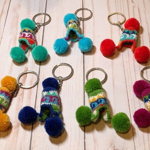Crochet Alpaca Chullo Hat Keychain: Handmade Peruvian Pom Pom Keyring