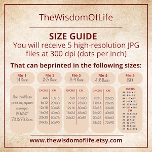 May include: A size guide chart with black text on a beige background, detailing print sizes in inches and centimetres. It includes square, 2:3, 3:4, 4:5, and ISO ratios. The chart provides measurements for various print sizes. The Etsy shop's URL is at the bottom.