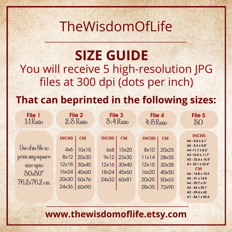 May include: A size guide chart with black text on a beige background, detailing print sizes in inches and centimetres. It includes square, 2:3, 3:4, 4:5, and ISO ratios. The chart provides measurements for various print sizes. The Etsy shop's URL is at the bottom.