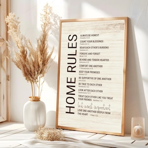 以下が含まれることがあります： 「HOME RULES」と書かれた白い文字が書かれた茶色の木製看板。良い人生を送るためのルールがいくつか書かれており、中には「常に正直であること」「祝福を数えること」「互いに重荷を負うこと」「許して忘れること」「親切で思いやりがあること」「互いに慰め合うこと」「約束を守る」「互いに支え合うこと」「互いに忠実であること」「互いに世話をすること」「友達のように互いに接すること」「心から互いに愛し合うこと」などがあります。