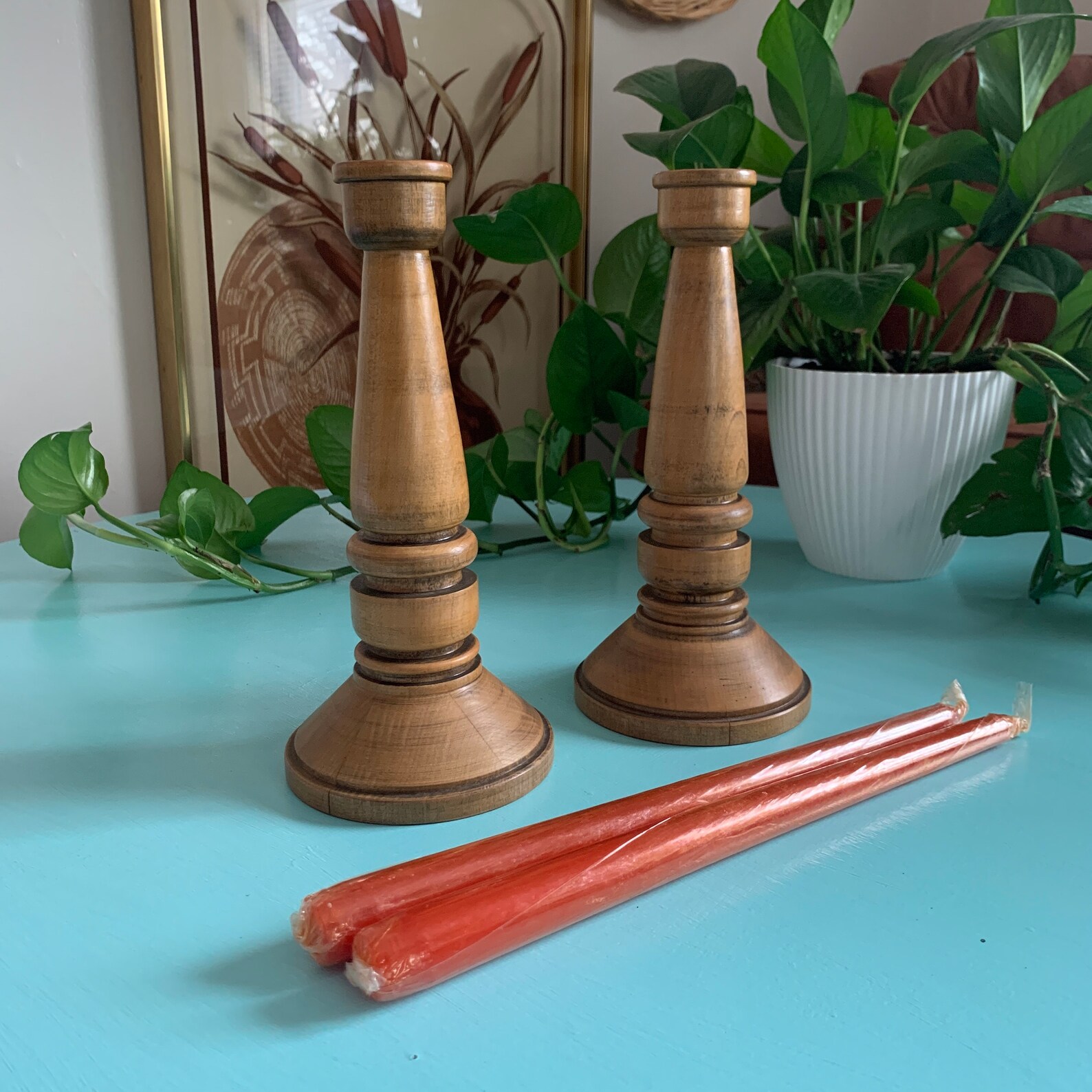 Vintage Wooden Candle Pillars Set of Two Set of Two Orange Etsy