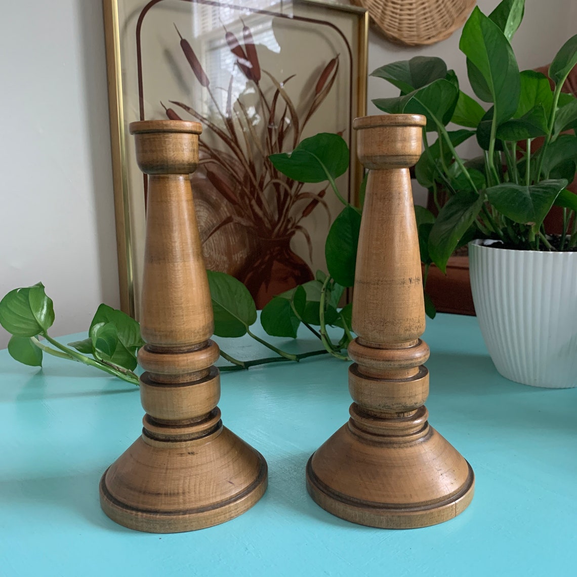 Vintage Wooden Candle Pillars Set of Two Set of Two Orange Etsy