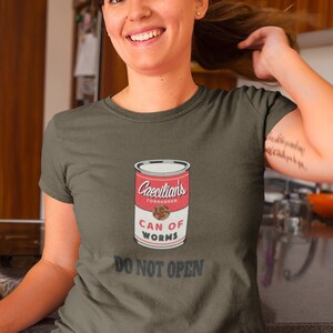 Can Of Worms Premium Soft Unisex Tee, Andy Warhol Soup Can Homage T-Shirt, Funny Shirt, Do Not Open, Caecilian