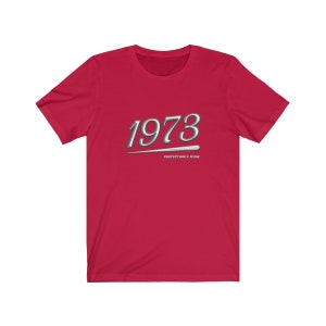 May include: Red short-sleeved t-shirt with a silver graphic of the year 1973 and the text "Protect Roe v. Wade".