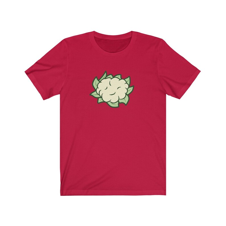 May include: Red short-sleeved t-shirt with a cartoon image of a white cauliflower with green leaves.