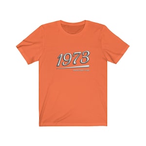 May include: Orange short-sleeved t-shirt with a silver graphic of the year 1973 and the text "PROTECT YOUR WORLD".