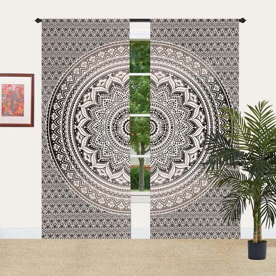 Cotton Mandala Window Curtain Black Grey Door Cover Curtains Etsy