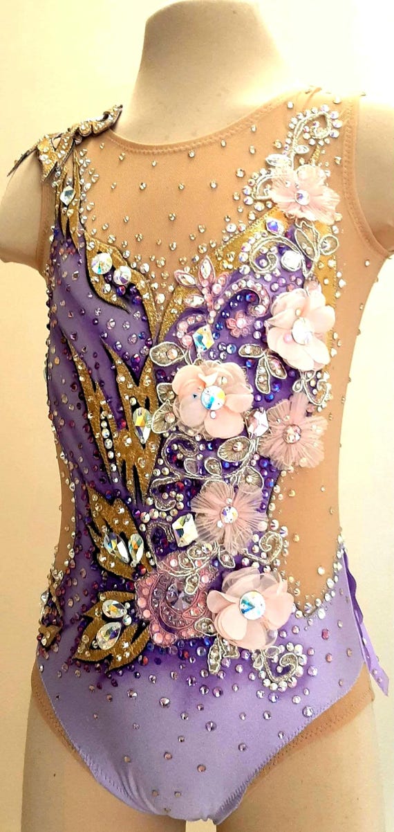 Lilac Floral Leotard with 3D Flowers, Custom Rhythmic Gymnastics and Dance Costume