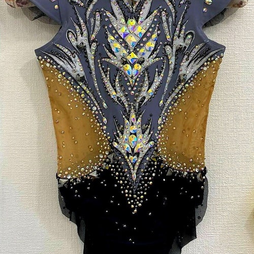 Black, Gold and Silver Crystal Rhythmic Gymnastics Leotard, Custom High Neck Competition Costume