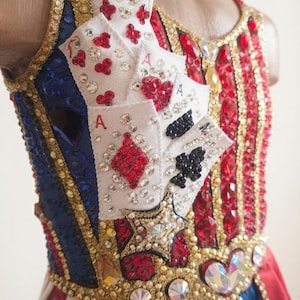 Custom Rhythmic Gymnastics Leotard, Professional Competition Leotard, Red Blue White Skirted Leotard, Ace Cards Design, Dance Performance