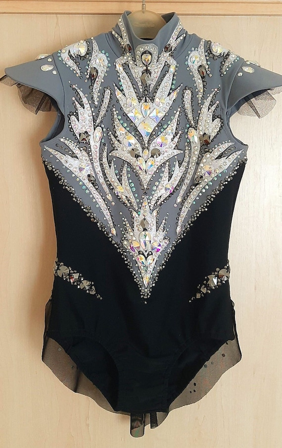 Black, Gray and Silver Crystal Rhythmic Gymnastics Leotard, Custom High Neck Competition Costume