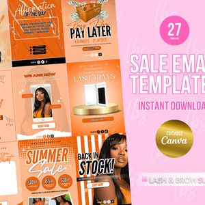 Könnte beinhalten: Eine Sammlung von 27 editierbaren Canva-Vorlagen für E-Mail-Marketing für den Verkauf. Die Vorlagen haben einen rosa Hintergrund mit goldenen Akzenten und den Text "VERKAUFS-E-MAIL-VORLAGEN" in großen, fetten Buchstaben. Der Text "SOFORTIGER DOWNLOAD" ist ebenfalls im Bild enthalten. Die Vorlagen sind für Unternehmen für Wimpern- und Augenbrauenprodukte konzipiert.