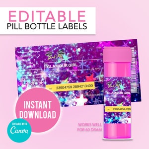 Könnte beinhalten: Bearbeitbare, druckbare Etiketten für Pillenfläschchen mit einem rosa und violetten Sternenhintergrund. Das Etikett lautet "Glamour Girl Lashes" und enthält eine Telefonnummer und eine Website. Das Etikett ist für eine 60 ml Flasche konzipiert.