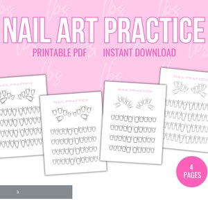 May include: Printable nail art practice sheets with four pages of different nail shapes and sizes. The sheets are designed for practicing nail art techniques.