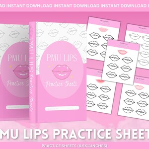 Pode incluir: Duas folhas de prática cor-de-rosa para procedimentos de maquiagem permanente de lábios. Cada folha tem um círculo rosa com um design de lábios estilizado e o texto "PMU Lips Practice Sheets". As folhas são cercadas por folhas menores com vários contornos de lábios para praticar.