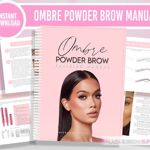 May include: A pink and white training manual for ombre powder brows. The manual has a spiral binding and features a woman with a neutral makeup look. The cover text reads "Ombre Powder Brow Training Manual".