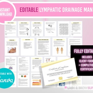 Może przedstawiać: Edytowalny podręcznik drenażu limfatycznego stworzony za pomocą Canva. Zawiera formularze dla klient&oacute;w i certyfikat ukończenia. W pełni edytowalny.