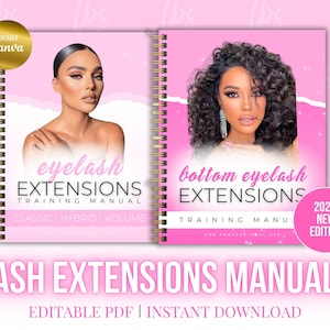May include: Two pink training manuals for eyelash extensions. The left manual is titled "eyelash extensions training manual" with the words "classic, hybrid, volume" below. The right manual is titled "bottom eyelash extensions training manual" with the words "2023 new edition" in a pink circle. Both manuals feature a woman with long eyelashes.