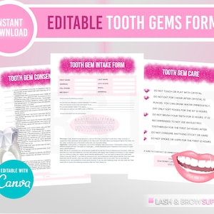 Puede incluir: Formularios editables para la toma de información y el cuidado de las gemas dentales. Fondo rosa con efecto de brillo. Los formularios incluyen secciones para la información del cliente, el consentimiento, la toma de información y las instrucciones de cuidado posterior. El texto incluye: "Consentimiento de gema dental", "Formulario de toma de información de gema dental", "Cuidado de la gema dental", "No tocar ni jugar con el cristal", "No comer durante 1 hora después de que se coloque el cristal", "Comer solo alimentos blandos durante las primeras 12 horas", "No cepillarse los dientes durante 12 horas", "No consumir nada pegajoso o duro", "No fumar ni vapear durante las primeras 12 horas", "Lash & Brow Supply".