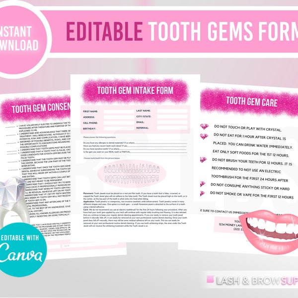 Tooth Gems Forms, Teeth gems, Editable Intake form, Intake, teeth whitening, Tooth Jewelry, EstheticianConsent Forms, aftercare, Educator