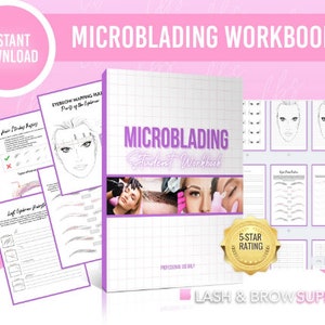 Puede incluir: Un libro de trabajo rosa y blanco titulado "Microblading Student Workbook" con una pegatina de calificación de 5 estrellas. El libro de trabajo incluye páginas de práctica para el mapeo de cejas, la práctica de trazos de cabello y los patrones de forma de cejas.