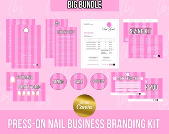 May include: A pink and white press-on nail business branding kit with editable templates for Canva. The kit includes a loyalty card, sizing chart, FAQ, return policy, invoice, gift tag, and thank you card. The text "BIG BUNDLE" is at the top of the image.