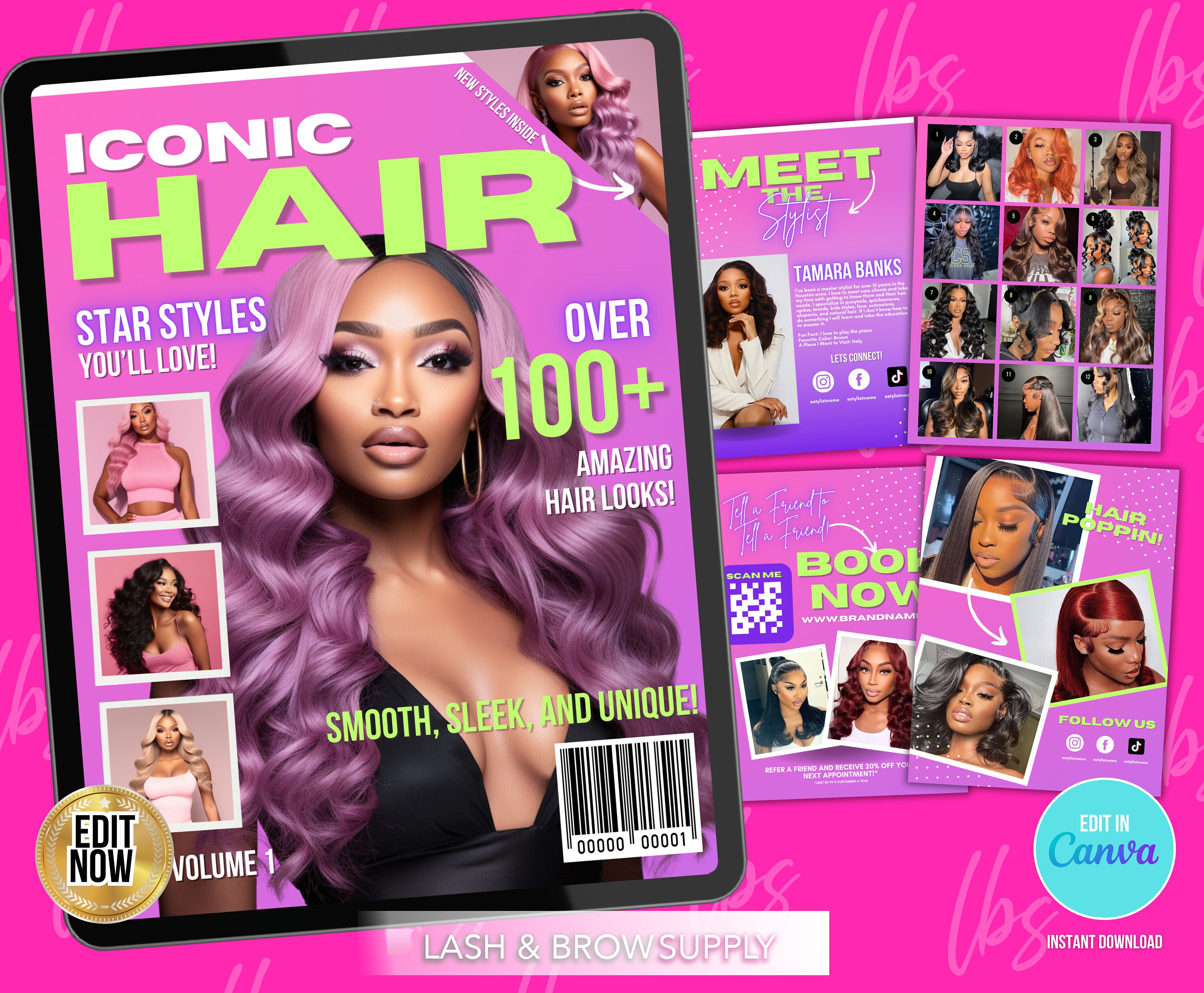 90s Hair magazine template, hair book, hair magazine, Asethician, nail magazine, magazine catalog, makeup catalog, Braids, digital hair book