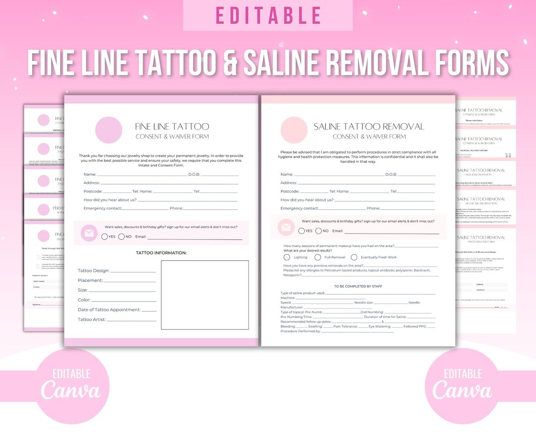 Fine Line Tattoo Consent Forms, Saline Removal Forms, Tattoo Form